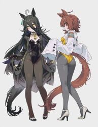 2girls agnes_tachyon_(umamusume) ahoge black_gloves black_hair black_leotard brown_hair cropped_jacket female female_only full_body gloves hair_between_eyes high_heels horse_ears horse_girl horse_tail jacket kemonomimi leotard long_coat long_hair longcoat looking_at_viewer looking_back manhattan_cafe_(umamusume) medium_hair pantyhose red_eyes sarcophage single_earring sleeves_past_wrists small_breasts smile standing umamusume umamusume_pretty_derby very_long_hair yellow_eyes yellow_leotard