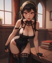 ai_generated bdmaestro black_dress black_hair cleavage fingerless_gloves large_breasts leaning_forward red_eyes tanlines thighhighs yor_briar