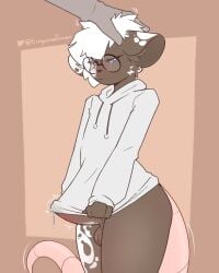 4:5 absurd_res anthro balls blue_eyes bodily_fluids bottomless bottomless_anthro bottomless_male brown_body brown_fur bulge clothed clothing disembodied_hand duo erection eyewear femboy front_view fur genital_fluids genitals glasses hair hairless_tail headpat hi_res hoodie humanoid_genitalia humanoid_penis male male_focus mammal mouse murid murine penis precum precum_through_clothing rodent round_glasses solo_focus standing tail thick_tail tinysmallman topwear wet wet_clothing white_hair