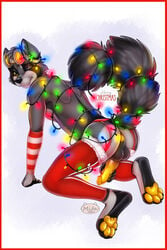 2020 anthro anus armwear ass balls black_body black_fur blush christmas christmas_clothing clothing digital_media_(artwork) erection eyebrows eyelashes fur furry_only genitals hi_res holidays lingerie looking_at_viewer male mammal mifa nude one_eye_closed penis pose presenting procyonid raccoon raised_tail shanukk simple_background solo yellow_eyes