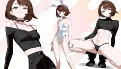 absurdres bare_shoulders black_choker black_shirt black_shoes breasts brown_eyes brown_hair choker female gloria_(pokemon) grin highres leotard long_sleeves looking_at_viewer midriff multiple_views navel otokakoto playboy_bunny pokemon pokemon_swsh shirt shoes short_hair small_breasts smile squatting stomach thighs tight_clothes tight_shirt tiptoes white_leotard wrist_cuffs