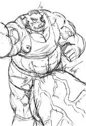 anthro balls bara big_balls big_penis boner d_ron_r erection furry hyper_balls hyper_penis male male_only monochrome muscles muscular penis ripped_clothing solo solo_male sus_(pig)