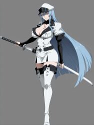 ai_generated akame_ga_kill! bewitching_thighs blue_hair esdeath_(akame_ga_kill!) full_body long_hair shu