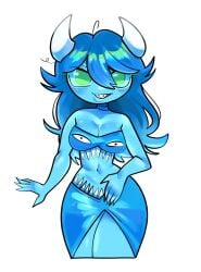 1girls blue_hair blue_hair_female blue_skirt clubette demon demon_girl demon_horns female female female_only geometry_dash green_eyes long_hair long_hair_female long_haired_female skirt solo solo_female white_background