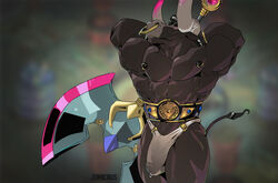 abs absurd_res anthro asterius_(hades) axe belt biceps black_hair bodily_fluids bovid bovine brown_body bulge cattle clothing dirty_underwear facial_piercing furry_only genital_fluids hades_(game) hair hi_res horn male male_only mammal melee_weapon minotaur muscular muscular_anthro muscular_male nipples nose_piercing nose_ring pecs piercing pose precum solo supergiant_games underwear weapon zomacaius