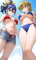 2girls ai_generated alexis_rhodes athenaasamiya bikini blonde_hair blue_hair blush brown_eyes green_eyes huge_breasts looking_at_viewer low-angle_view navel open_mouth ponytail ribbon serena_(yu-gi-oh!_arc-v) sexy summer tenjouin_asuka yu-gi-oh! yu-gi-oh!_arc-v yu-gi-oh!_gx