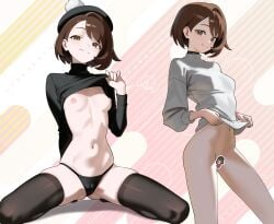 absurdres ass_visible_through_thighs beret black_choker black_panties black_shirt black_thighhighs bob_cut bottomless breasts brown_eyes brown_hair cameltoe censored character_censor choker closed_mouth clothes_lift female gloria_(pokemon) grey_shirt hat highres kneeling lifting_own_clothes long_sleeves multiple_views navel nipples no_bra novelty_censor otokakoto panties pokemon pokemon_(game) pokemon_ss pokemon_swsh pom_pom_(clothes) shirt shirt_lift short_hair skindentation small_breasts smile stomach tam_o'_shanter thighhighs thighs turtleneck underwear