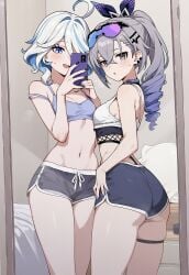 2girl 2girls ai_generated ai_hands anatomically_incorrect casual furina_(genshin_impact) genshin_impact honkai:_star_rail honkai_(series) midriff petite petite_body petite_female shorts sidillusts silver_wolf_(honkai:_star_rail) tummy