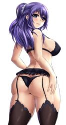 1girls ass big_ass big_breasts blue_eyes blush curvy_figure eye_contact female large_breasts leonart lingerie looking_at_viewer mankitsu_happening miniskirt panties purple_hair skirt smile solo standing suzukawa_rei thick_ass thick_thighs thighhighs thighs wide_hips