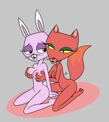 3_toes breast_fondling breast_play breasts bunny_(courage_the_cowardly_dog) cartoon_network courage_the_cowardly_dog domestic_cat feet felid feline felis female female/female fondling grey_background hand_on_breast hi_res kitty_(courage_the_cowardly_dog) lagomorph leporid looking_pleasured mammal nipples nude nude_anthro nude_female open_mouth pink_body pink_nipples rabbit red_body romantic romantic_couple simple_background sitting tail takeshi1000 toes touching_breast