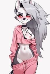 2025 ai_generated anthro blush breasts canid canine carnivalecloudmuncher fangs female female_only flashing flashing_breasts flashing_pussy furry hellhound helluva_boss hoodie innie_pussy long_hair looking_at_viewer loona_(helluva_boss) midriff mostly_clothed navel nipples one_breast_out pants_pull pink_clothing pink_hoodie pink_sweatpants pulling_down_pants pussy red_sclera self_upload smirk solo sweatpants tagme tail vivienne_medrano vivziepop white_background