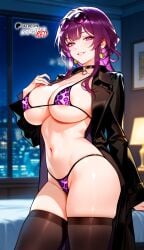 ai_generated animal_print animal_print_bikini black_stockings boosterred99 coat earrings exhibitionism honkai:_star_rail indoors kafka_(honkai:_star_rail) large_breasts micro_bikini naughty_face purple_eyes purple_hair seductive_smile smile stockings thick_thighs thighs trenchcoat