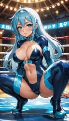 ai_generated big_breasts blue_eyes blue_hair boxing_ring latex_suit long_hair looking_at_viewer salam57 squatting