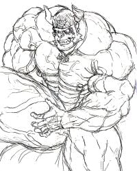 another_eidos_of_dragon_vein_r balls bara big_balls big_penis boner d_ron_r erection gaoh_(anothereidos_r) hyper_balls hyper_penis male male_only monochrome muscles muscular nude penis solo solo_male