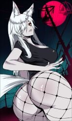 1girls blood_moon female fishnets fox_ears fox_tail huge_ass looking_at_viewer pale-skinned_female red_eyes sharp_teeth tagme white_hair