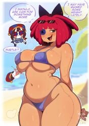 2girls beach_background bikini clothing female huge_breasts pomni_(the_amazing_digital_circus) ragatha_(the_amazing_digital_circus) ryz_ryz sea swimwear text the_amazing_digital_circus thick_thighs voluptuous yuri