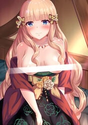 absurdres bangs blonde_hair blue_eyes blush bow breasts eyebrows_visible_through_hair female hair_ornament hairbow highres large_breasts light_censor long_hair looking_at_viewer princess_connect! princess_connect!_re:dive saren_(princess_connect!) solo yagiryu