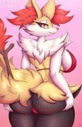 back_view braixen complextree cute_face fire_type fluffy_fur furry furry_female game_freak nintendo pokemon pokemon_(species) red_underwear yellow_fur