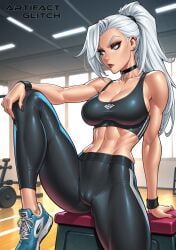 abs ai_generated artifactglitch big_ass big_breasts black_cat_(marvel) bracelets cameltoe chocker earrings felicia_hardy female fit fit_female frowning gym gym_uniform hair_tie leg_up legs lipstick long_hair looking_to_the_side makeup marvel marvel_comics ponytail pussy sneakers spider-man_(series) sports_bra tight_clothing watermark white_hair workout