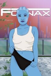 asari bioware blue_eyes blue_lips blue_skin blush cover_page fornax liara_t'soni magazine magazine_cover mass_effect panties pinup pokies poking_out pulling_panties sci-fi science_fiction sunset tank_top