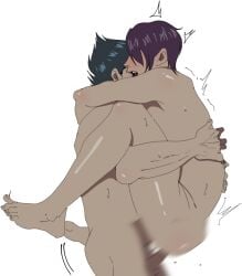 2boys anal anal_sex arms_around_neck blur_censor blush carrying_partner censored completely_nude embrace eo_(artist) gay gintama implied_anal kawakami_bansai male male_only motion_blur nude purple_hair side_view sweat takasugi_shinsuke teal_hair yaoi