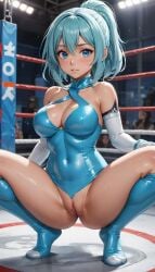 ai_generated big_breasts blue_eyes blue_hair boxing_ring exposed_pussy latex_suit looking_at_viewer salam57 short_hair squatting