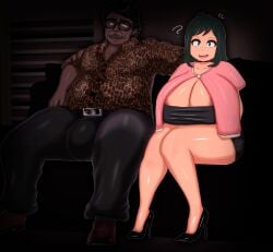 1boy 1girls 3d :d ? absurd_res absurdres big_breasts black_eyes black_hair breasts cleavage dark-skinned_male dark_skin erection erection_under_clothes female glasses green_eyes green_hair hi_res high_resolution highres inko_midoriya looking_at_viewer male mature mature_female midoriya_inko milf my_hero_academia open_mouth open_smile smile ugly_bastard ugly_man vyrus_smith