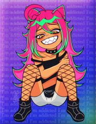 affection_addiction_(character) big_smile boots cmiscalc colored_nails ear_piercing fully_clothed green_hair grin grinning_at_viewer laptop lifting_leg multicolored_hair pink_hair pink_sclera sharp_teeth sitting smile vocalokat