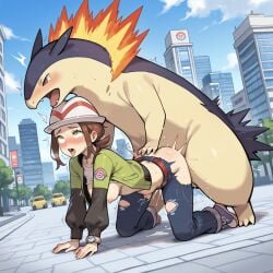 ai_generated all_fours breeding c.c.leah cum_in_pussy defeated doggy_style exposed_breasts pokefilia pokemon pokemon_(species) pokemon_legends:_z-a pokemon_protagonist stomach_bulge torn_clothes typhlosion