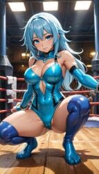 ai_generated big_breasts blue_eyes blue_hair boxing_ring latex_suit long_hair looking_at_viewer salam57 squatting