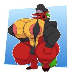 1boy american_dragon:_jake_long anthro big_breasts big_breasts big_chest big_nipples big_pecs bulge busty disney dragon furry hat huge_breasts huge_breasts huge_chest huge_pecs jake_long male male_only mankini nth6969 red_body scales scalie solo solo_male visor