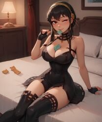 ai_generated bdmaestro black_dress condom_between_breasts condom_in_mouth condom_wrapper fingerless_gloves large_breasts sitting thighhighs thighs winking_at_viewer yor_briar