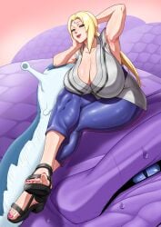 1girls 2d arm_up armpits big_breasts blonde_hair breasts cleavage clothed clothing female footwear full_color fully_clothed huge_breasts kimono large_breasts lipstick makeup mature mature_female milf nail_polish naruto naruto_(series) naruto_shippuden no_penetration numahana pants sandals solo solo_female sweat toenail_polish toenails tsunade voluptuous voluptuous_female