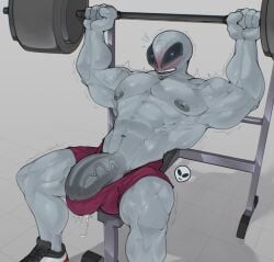 2025 abs absurd_res alien alien_humanoid areola barazoku barbell barely_contained biceps big_bulge big_eyes big_muscles big_penis blush bodily_fluids bottomwear bulge clothed clothing deuzion dripping emoji erection erection_under_clothing exercise footwear genital_fluids genitals grey_background grey_body grey_skin hi_res huge_bulge huge_cock huge_muscles humanoid humanoid_genitalia humanoid_penis ineffective_clothing living_emoji lying male male_only manly motion_lines muscular muscular_humanoid muscular_male navel nipples not_furry obliques on_back open_mouth pecs penis penis_base precum precum_drip precum_through_clothing serratus shadow shaking shoes shorts simple_background solo teeth thick_arms thick_penis thick_thighs topless topless_humanoid topless_male vein weight_bench weightlifting wet wet_clothing workout