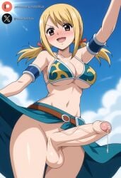 1futa ai_generated balls big_breasts big_penis blonde_hair blush brown_eyes clothing cock dickgirl erection fairy_tail foreskin futa_only futanari huge_cock light-skinned_futanari light_skin long_hair looking_at_viewer low-angle_view lucy_heartfilia outdoors penis precum roxygtf sky smug solo standing