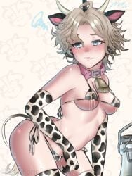 1girls bikini blue_eyes blush breasts collar cow_ears cow_print cow_print_armwear cow_print_bikini cow_print_thighhighs cow_tail cowbell detached_sleeves fake_animal_ears female grey_hair identity_v lactation lactation light-skinned_female light_skin mikaromo3 short_hair solo solo_female standing tail thighhighs thighs wendy_foote