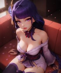 ai_generated bdmaestro cleavage dress female genshin_impact looking_at_viewer raiden_shogun sitting thighhighs thighs