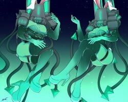 1_eye 1boy 1girl big_breasts bisexual bunny_ears bunnysuit female heels machine machine_girl male_mindflayer_(ultrakill) manly medium_breasts mindflayer mindflayer_(ultrakill) muscular_male no_penetration spiked_hair teal_body tentacle_hair ultrakill