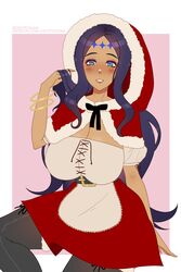 1girls adjusting_hair alternate_costume big_breasts blue_eyes blush christmas cleavage cryptid_crab dark-skinned_female dark_skin dragalia_lost dress hoodie huge_breasts large_breasts long_hair looking_at_viewer milf purple_hair simple_background smile solo solo_female thighhighs verica