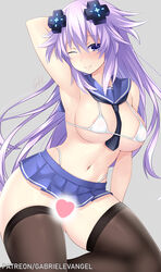 adult_neptune bikini black_legwear blush censored choujigen_game_neptune eyebrows_visible_through_hair gabriel_evangel highres kneeling long_hair looking_at_viewer micro_bikini microskirt navel neptunia_(series) one_eye_closed patreon_username purple_eyes purple_hair reward_available sailor_collar school_uniform serafuku simple_background skindentation skirt smile swimsuit thighhighs