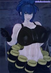 1girls 3d abs backlighting belly belly_button biceps big_breasts black_tank_top blue_eyes blue_hair breasts chiseled_abs cleavage earrings fangs female female_only gloves hips huge_breasts kiminodonuts king_of_fighters koikatsu leona_heidern looking_at_viewer nipples_visible_through_clothing pants ponytail round_breasts see-through_clothing tagme tank_top thick_lips thin_waist triangle_earrings tummy wide_hips