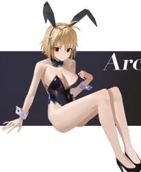 1girls absurdres animal_ears arcueid_brunestud bare_shoulders big_breasts black_high_heels black_leotard blonde_hair blush breasts character_name cleavage enormous_breasts fake_animal_ears female full_body highres huge_breasts large_breasts leotard looking_at_viewer melty_blood o_taku playboy_bunny rabbit_ears red_eyes seducing seductive seductive_look short_hair simple_background smile solo strapless strapless_leotard tsukihime type-moon wide_hips wrist_cuffs