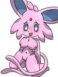 2025 2_tails 3:4 anthro blush breasts countershading digital_media_(artwork) eeveelution espeon female fur generation_2_pokemon genitals hi_res kneeling looking_at_viewer multi_tail nintendo nipples nude nude_anthro nude_female pink_body pink_fur pokemon pokemon_(species) purple_eyes pussy simple_background tail tongue tongue_out tuft watermark white_background xammyxx