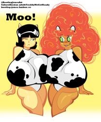 2girls asian ass big_ass big_breasts black_eyes black_hair bootlegjones breast_press breasts ching_ming cow_costume cow_ears cow_girl cow_horns cow_swimsuit cowgirl dark-skinned_female dark_skin female_only ginger ginger_hair green_eyes huge_ass huge_breasts large_ass large_breasts leotard long_hair multiple_girls naked naked_female nipples nude obi_scenity one_eye_closed orange_hair short_hair thigh_highs thighhighs thighs tongue tongue_out top_heavy voluptuous voluptuous_female wink yellow-skinned_asian yellow_skin