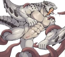 abs anthro barioth biceps bound capcom claws disiwjd dragon fangs flying_wyvern hi_res male monster_hunter muscular muscular_anthro muscular_male open_mouth oral oral_penetration pecs penetration slit solo submissive submissive_male tentacle tentacle_in_mouth tentacle_monster tentacle_penetration tongue tongue_out video_games white_body wyvern