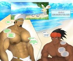 2boys bara beach comic dark-skinned_male gay hegassensaga kukui_(pokemon) male_only pokemon pokemon_sm pokemon_ss raihan_(pokemon) swimwear