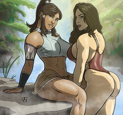 2girls abs asami_sato ass avatar_legends big_ass blue_eyes breasts brown_hair canon_couple clothed clothing crop_top dat_ass duo eyelashes female female_only high_ponytail highres human korra large_breasts lipstick long_hair looking_at_viewer looking_back midriff multiple_girls navel one-piece_swimsuit outdoors parted_lips ponytail shiny_skin sideboob sidelocks signature sitting skirt smile smooth_skin steamy sunlight swimsuit taynor_hook the_avatar the_legend_of_korra thick_thighs toned toned_female water_tribe waterfall