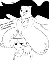 2girls adventure_time angry bonnibel_bubblegum breast_envy breasts_on_head couple english_text female/female female_focus gothic lewdxt marceline monochrome princess princess_bubblegum puffy_nipples royalty teasing text vampire yuri