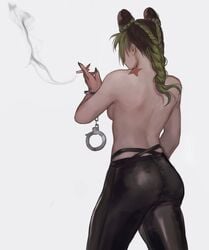 1girls ass cigarette faceless_female facing_away female_only handcuffs jojo's_bizarre_adventure jolyne_kujo lanhacy leather long_nails partially_clothed side_armpit side_boob smoking solo_female stone_ocean thick_ass tight_clothing tight_pants toned toned_female topless