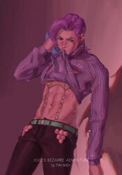 1boy abs clothed doppios_sweater femboy fishnets freckles jojo's_bizarre_adventure lace male_only midriff phone shirt_in_mouth shirt_lift solo_male toned toned_male trap vento_aureo vinegar_doppio